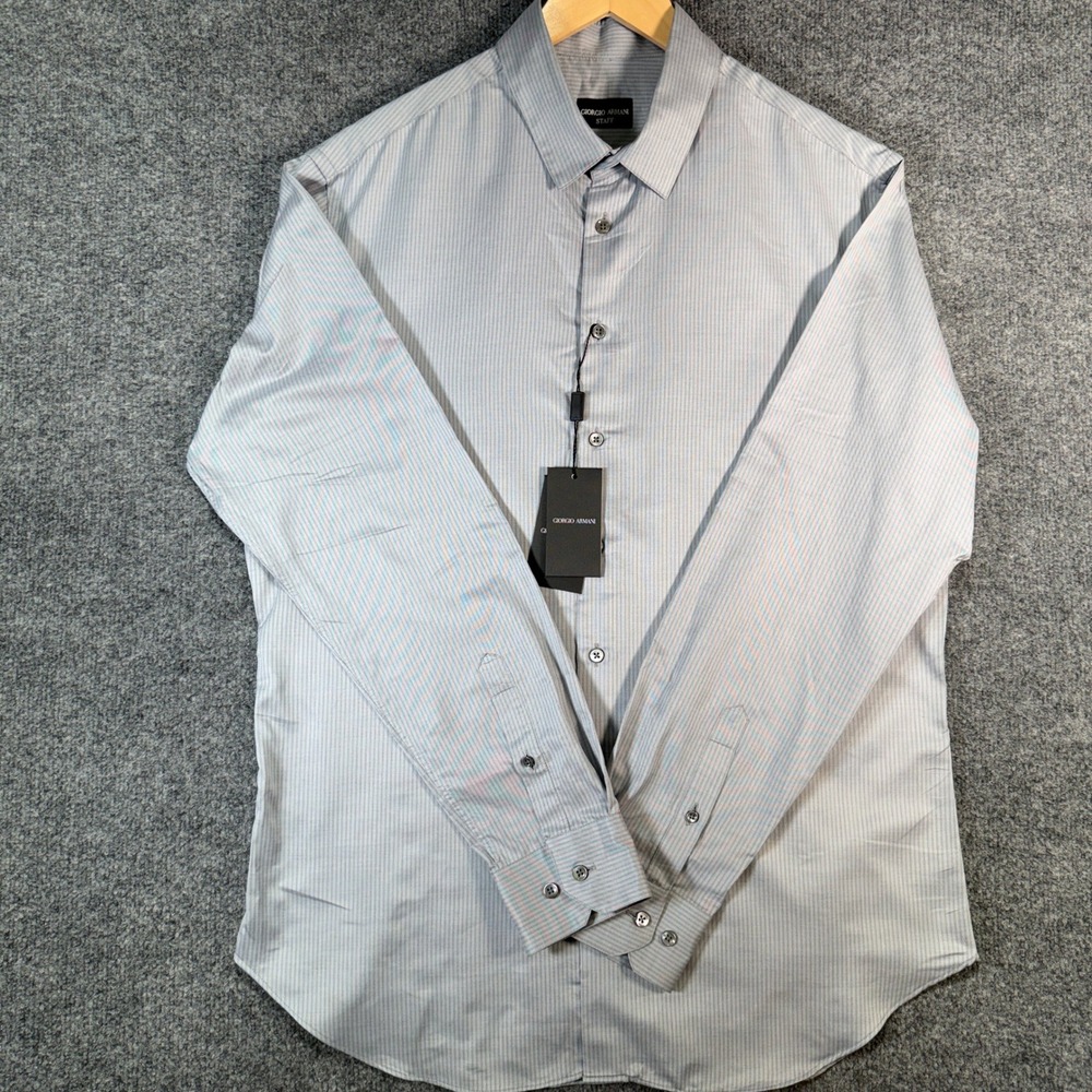 Giorgio Armani Staff Striped Button Down Shirt‎ Mens 17 Blue 100% Cotton NWT